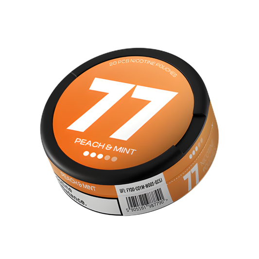 Detail close-up of the orange can featuring the number 77, with a black and white label on a white background.