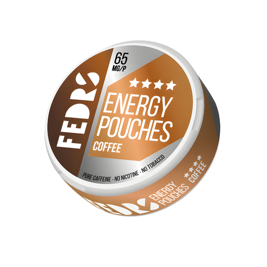Front view of the round brown and silver energy powder canister featuring a label design and screw top.