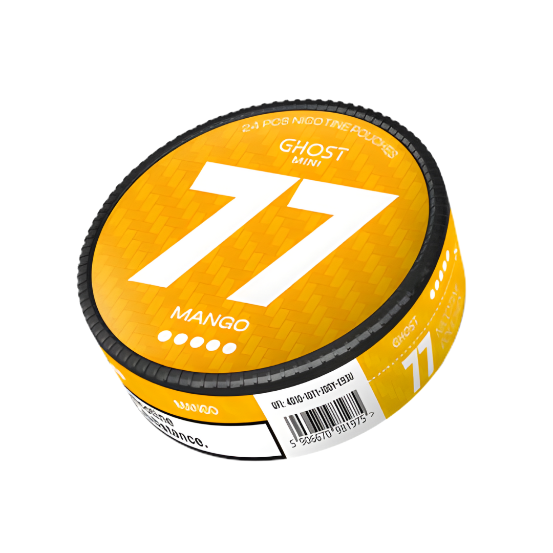 Detail close-up of the yellow can featuring the number 77, barcode, and a circular shape on a white background
