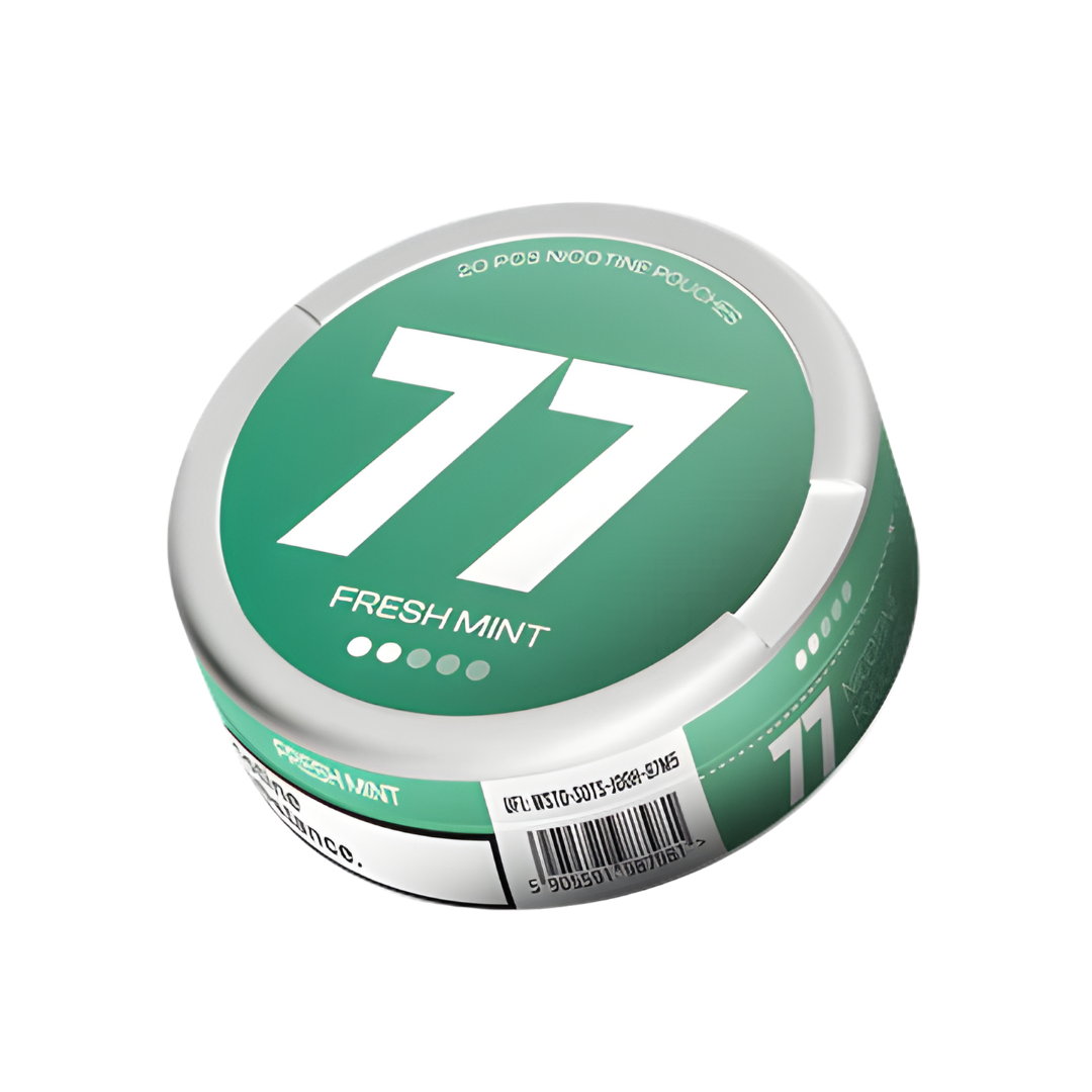 Front view of the green can with metallic finish, featuring the number 77 on a white background