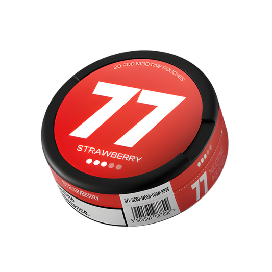 Detail close-up of a red circular container with a label featuring the number 77, on a white background.