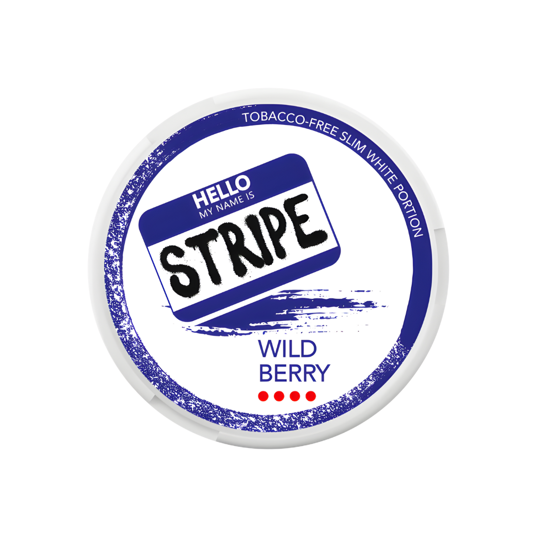 Detail close-up of the wild berry stripe label featuring bold blue and white text on a transparent background
