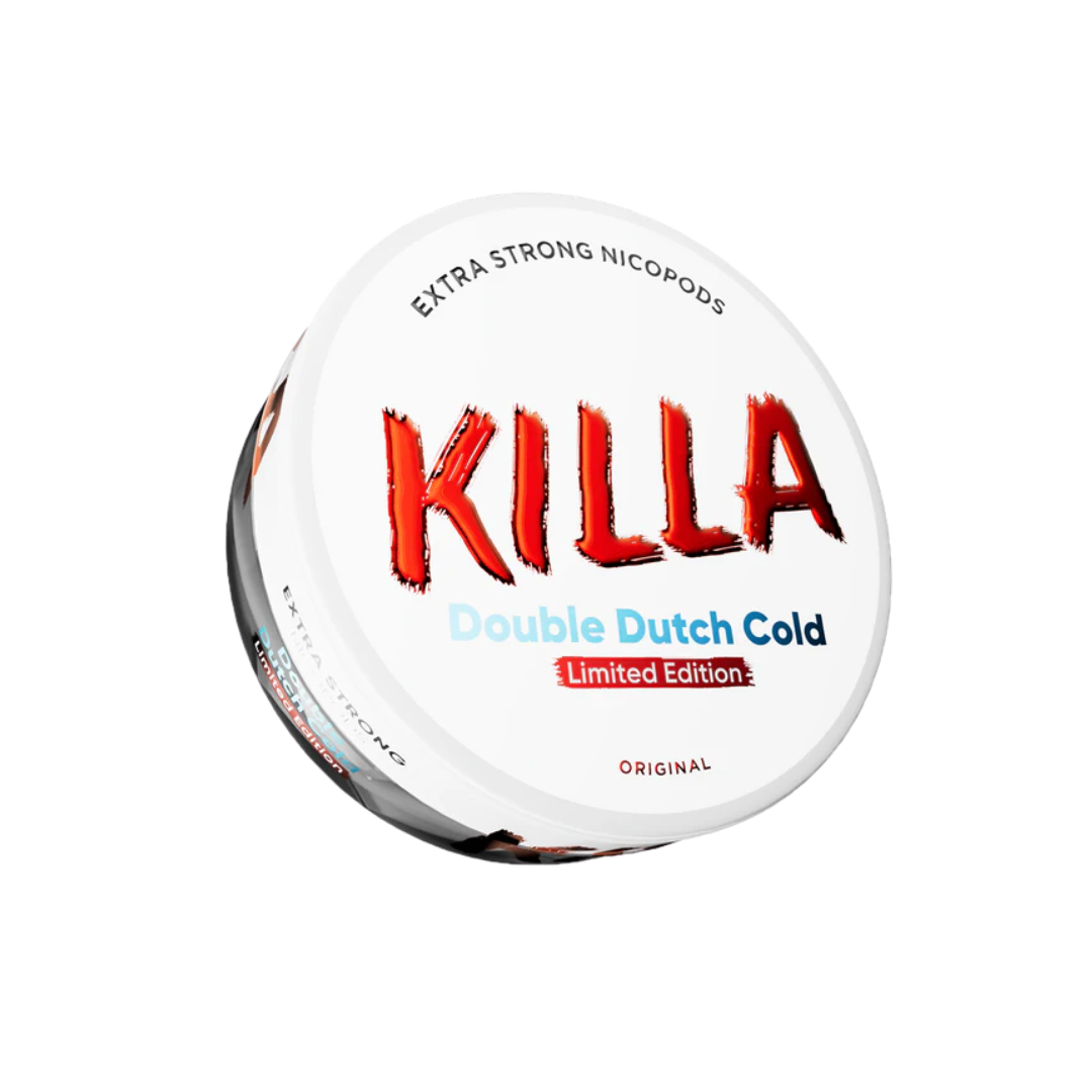 Detail close-up of Killa Double Dutch tin showcasing red and white branding with bubble gum flavor.