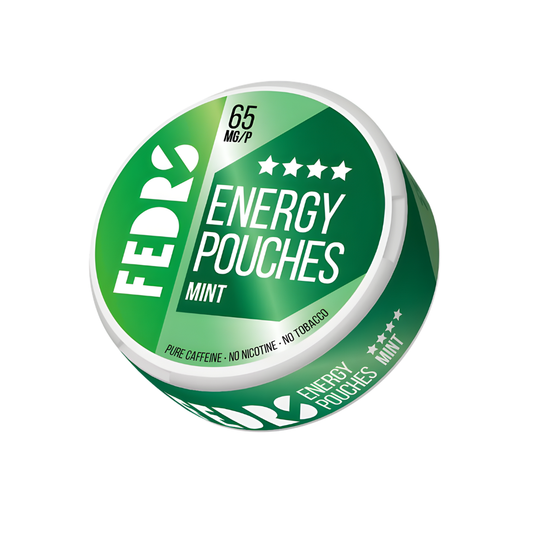 Front view of a green and white circular can of Fedrs Energy Pouches Mint showcasing branding and energy pouches.