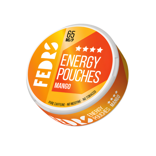 Front view of the circular tin of Fedrs Energy Pouches Mango with a vibrant orange label design.
