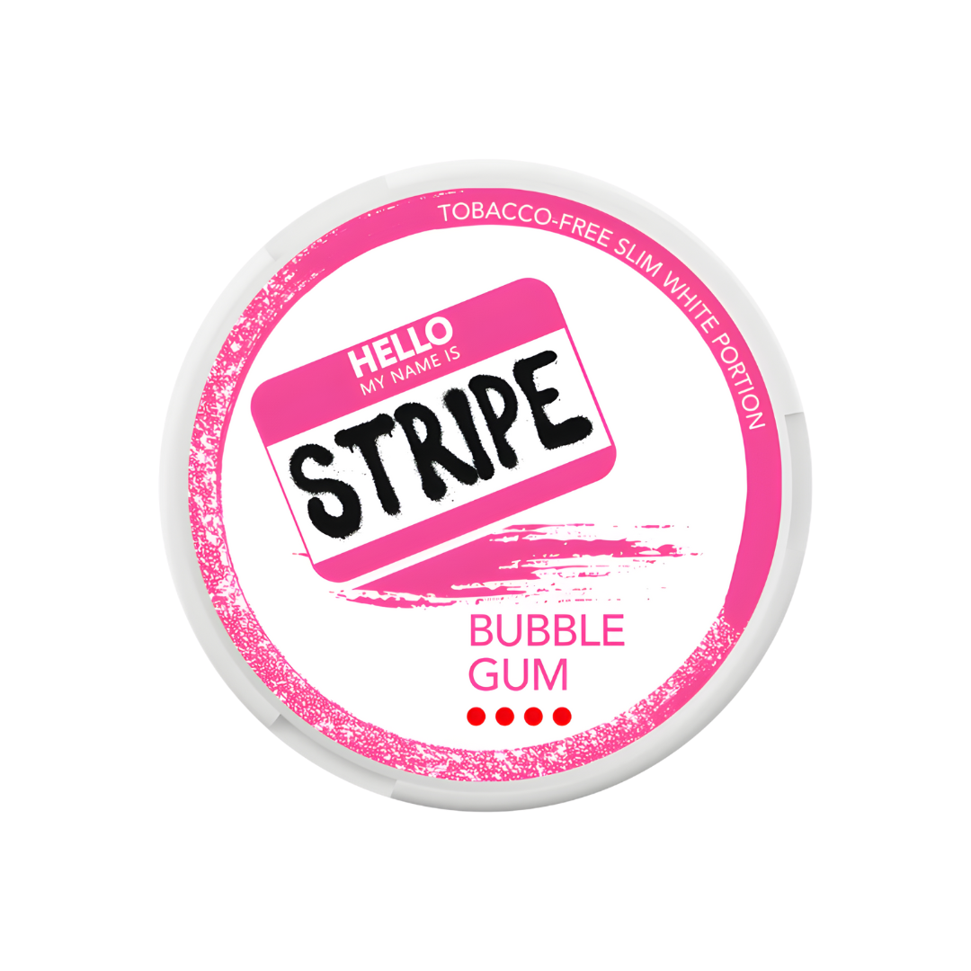 Detail close-up of a pink and white bubble gum container with a label on a transparent background