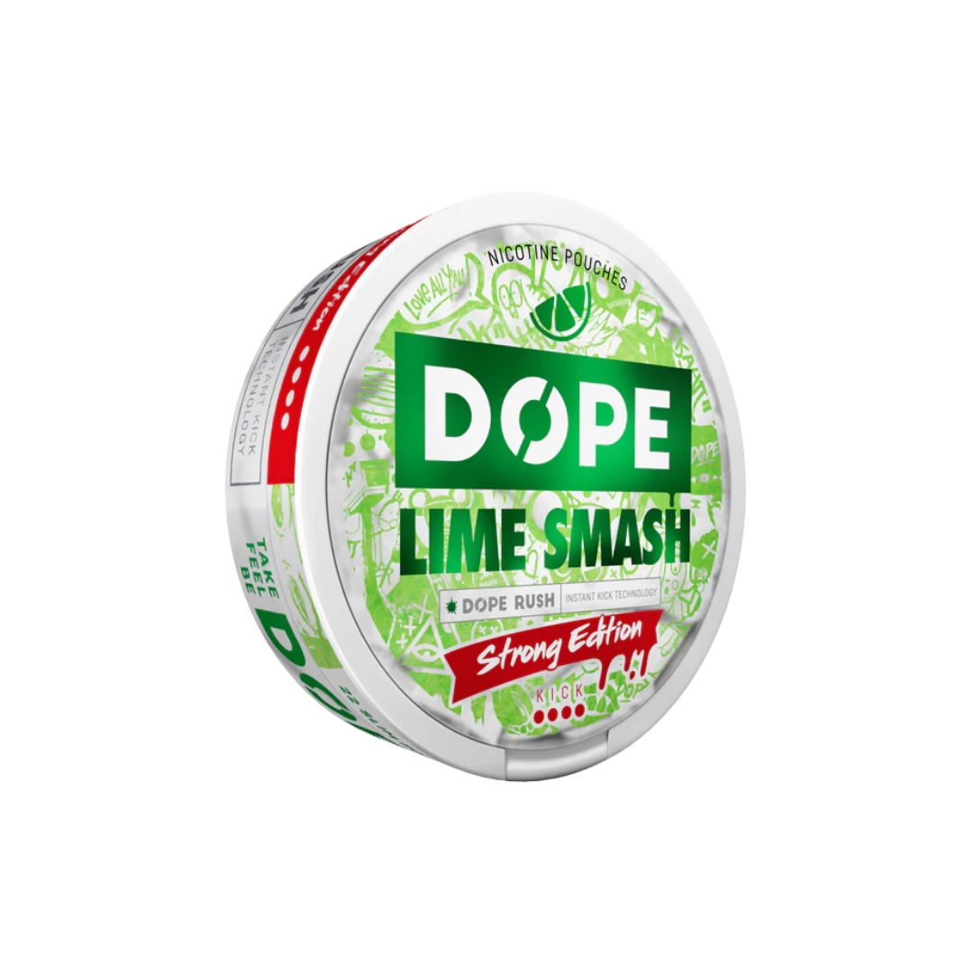 Packaging of Dope Lime Smash nicotine pouches in a circular tin featuring green, white, and red colors with a lime flavor.