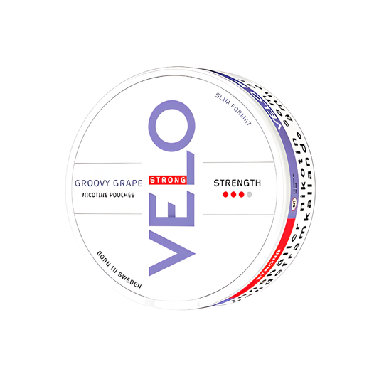 Front view of the circular purple and white snus can featuring the brand logo and grape flavor description.