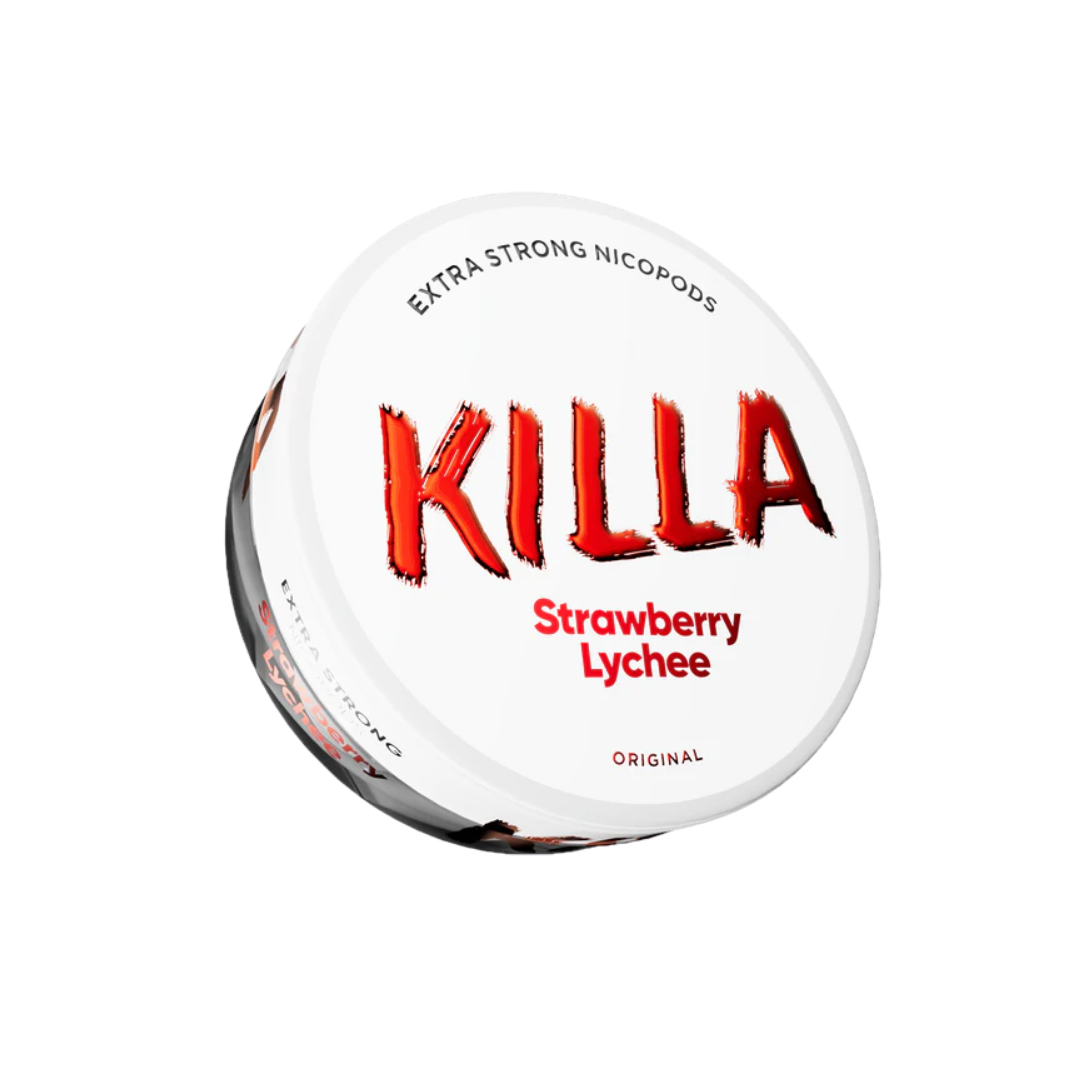 Detail close-up of a round container with strawberry flavor label, featuring red and white colors on a transparent backgro…