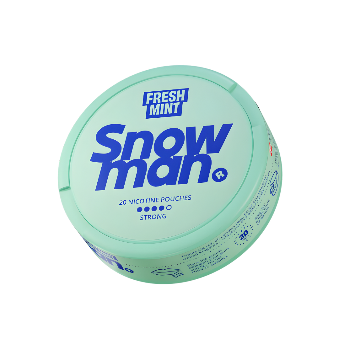Front view of the round Snowman Fresh Mint container in mint green and blue on a white background