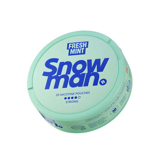 Front view of the round Snowman Fresh Mint container in mint green and blue on a white background