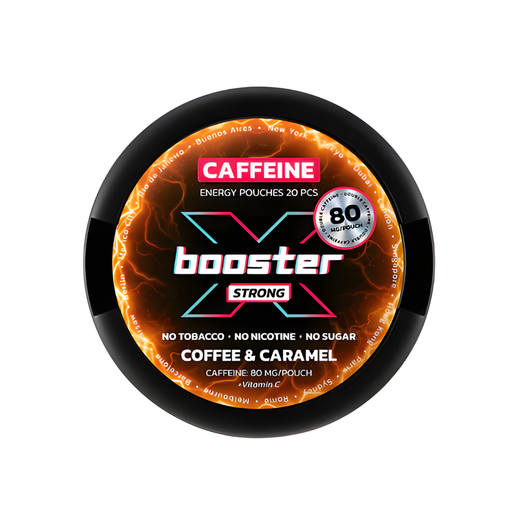 Front view of X-Booster Coffee Caramel pouch in black, orange, and white, showcasing its caffeine-boosting formula.