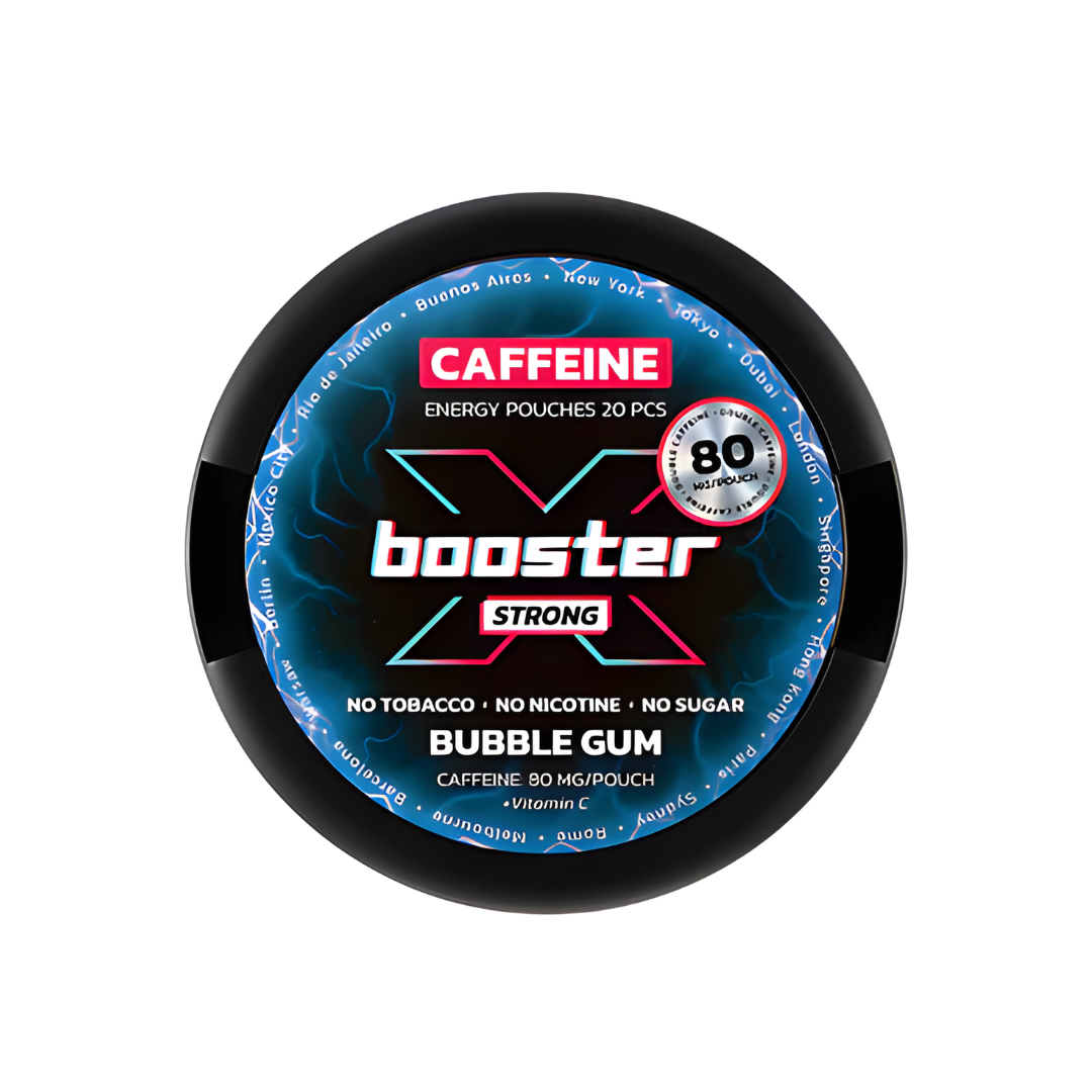 Detail close-up of the round container showcasing the bubble gum flavor and caffeine content on a white background.