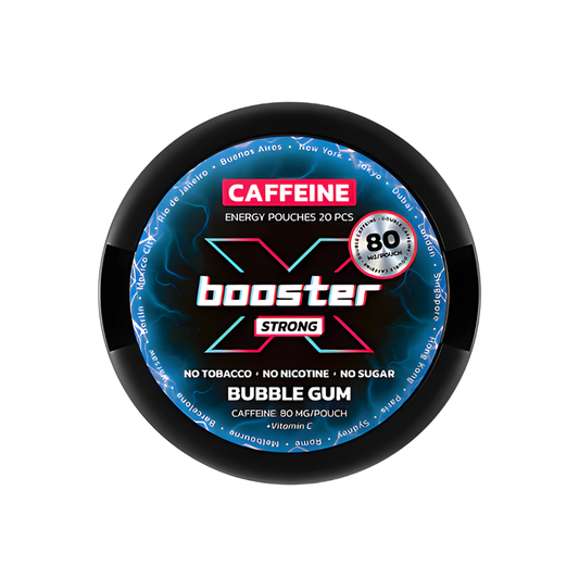 Detail close-up of the round container showcasing the bubble gum flavor and caffeine content on a white background.