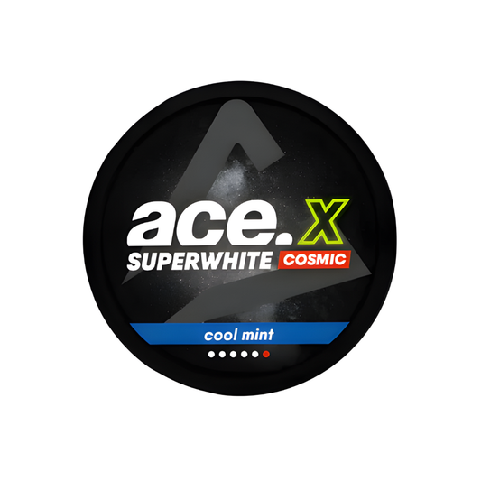 Front view of Ace X Cosmic nicotine pouch showcasing circular design with brand logo and product name in black and white.