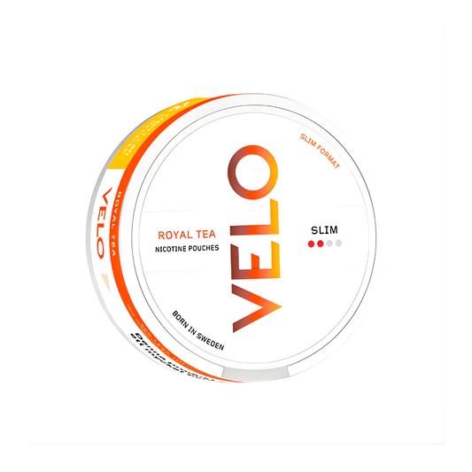 Front view of the Velo Royal Tea nicotine pouch can featuring a circular design with brand logo and flavor indication in w…