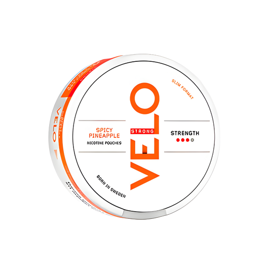 Detail close-up of a circular snus can in orange and white, showcasing the brand logo and flavor indication.