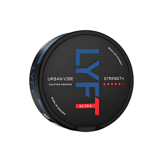 Close-up of the Velo Urban Vibe Ultra can showing black, red, and blue colors with branding and strength indicator.