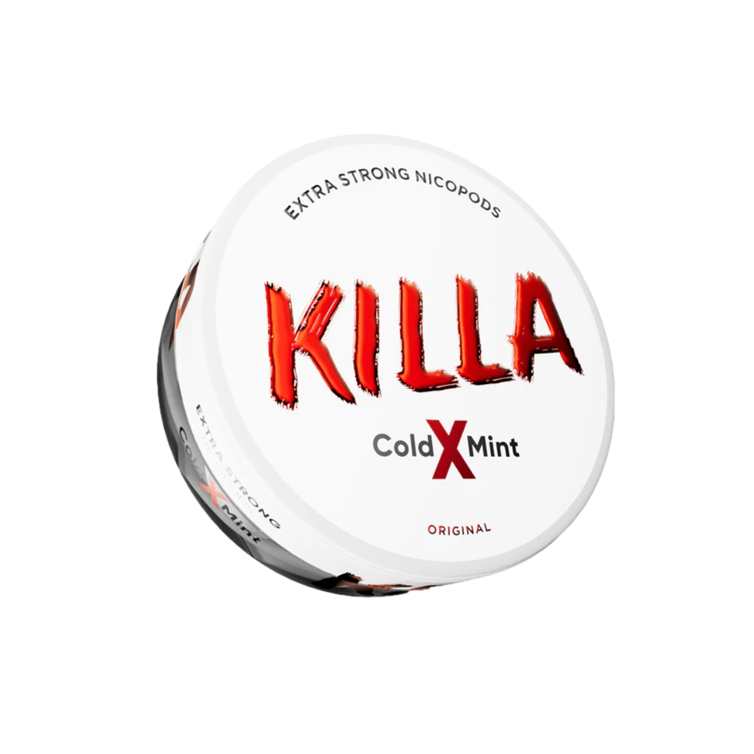 Detail close-up of the Killa X Cold Mint snus can featuring a bold red and white logo on a transparent background.