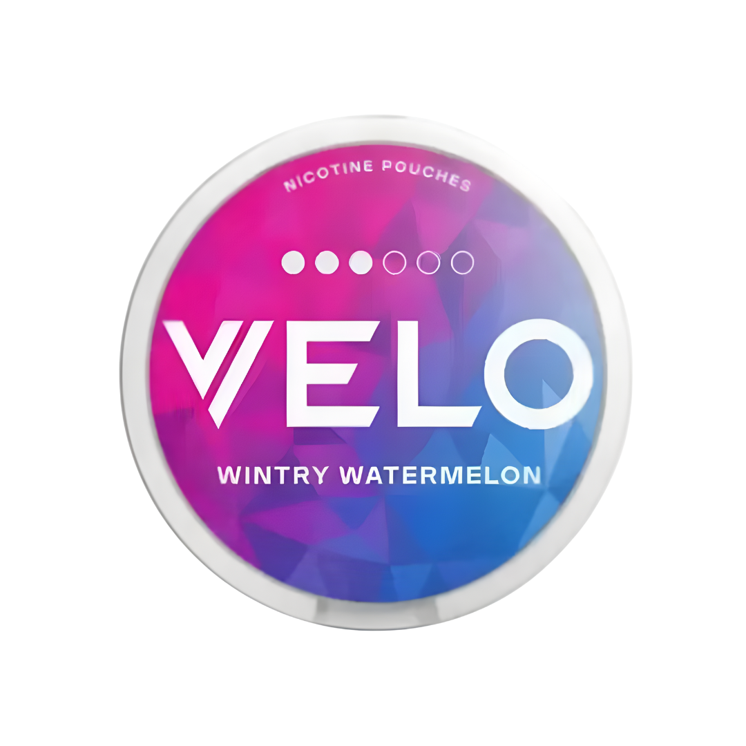 Packaging of Velo Wintery Watermelon snus can featuring a circular design in pink, blue, and white with flavor indication.