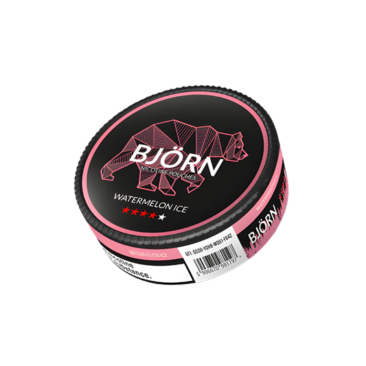 Side view of a round black, pink, and white snus can featuring graphic design and label text.