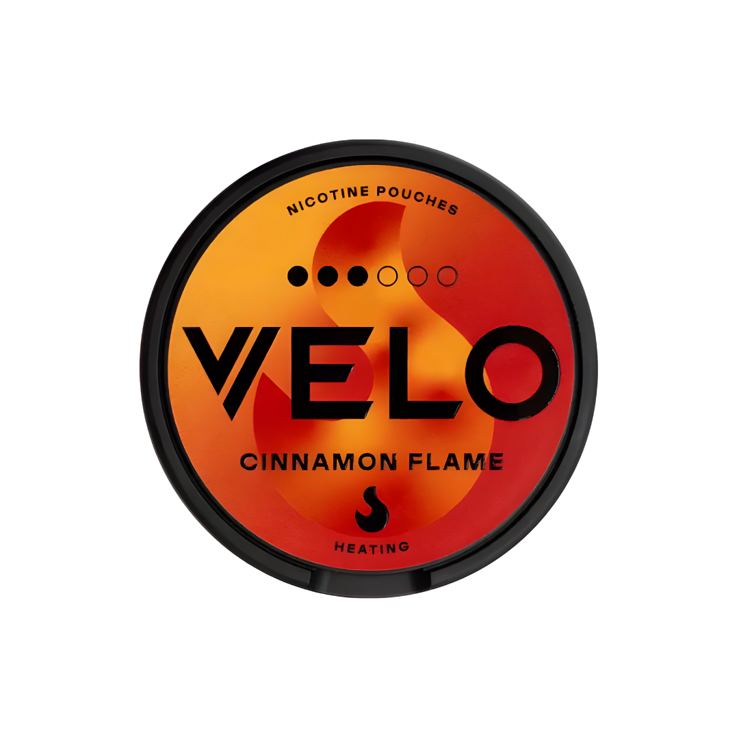 Front view of the round snus can featuring cinnamon flavor, in orange, black, and red colors on a white background.