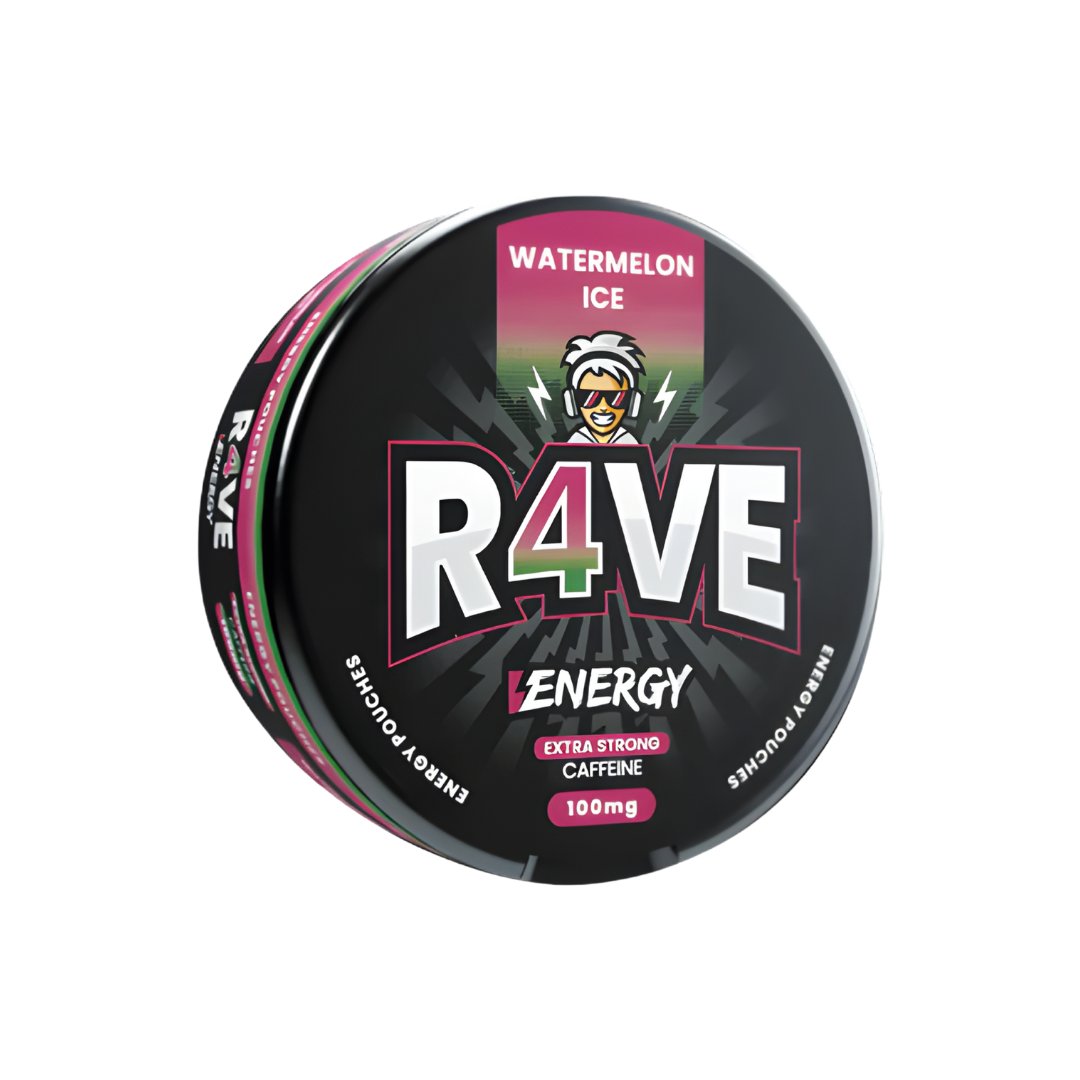 Front view of a round energy supplement canister in black, pink, and green with a bold logo and watermelon flavor.