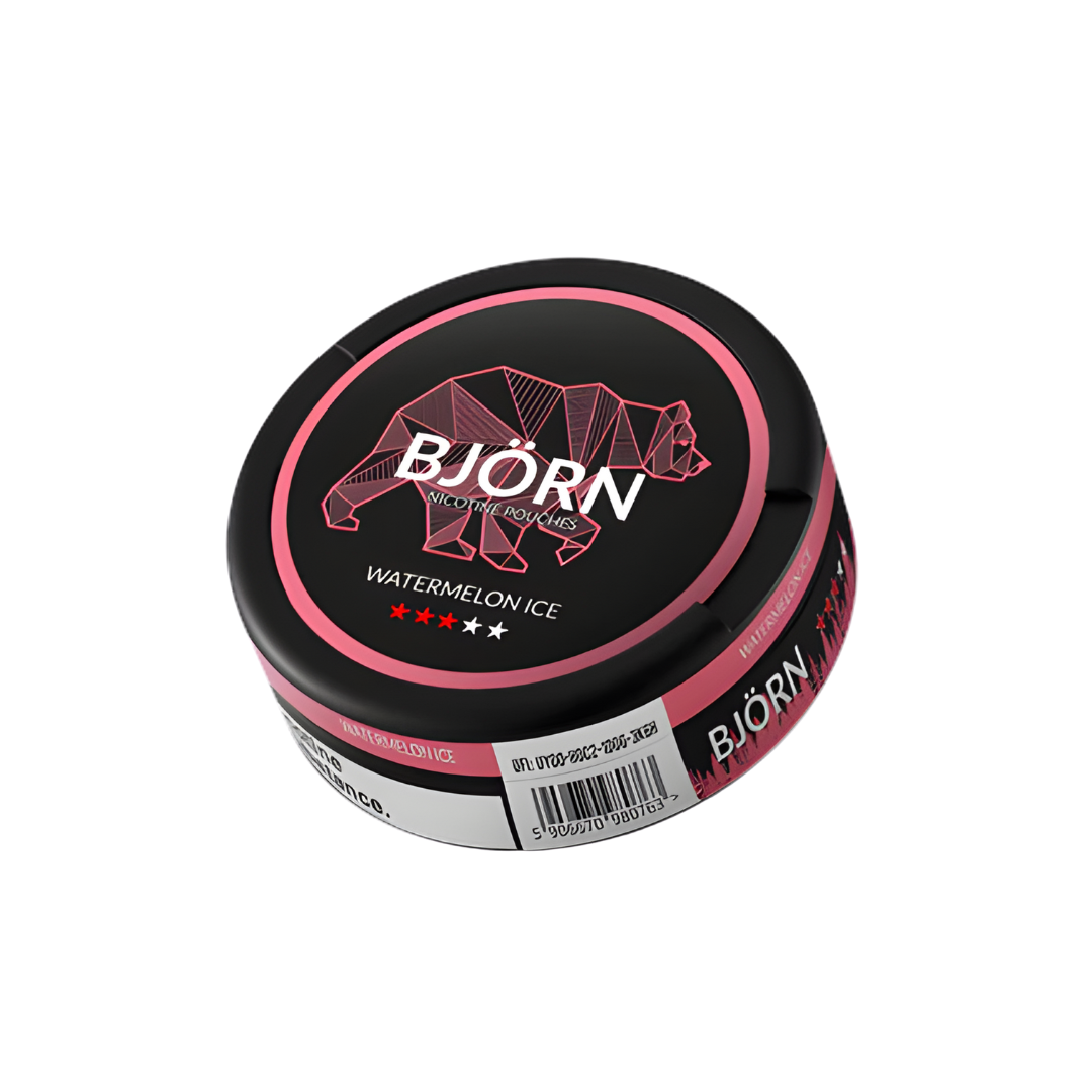 Detail close-up of the round black and pink container with label design and screw top on a white background