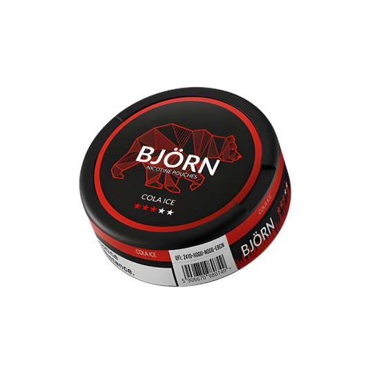 Detail close-up of Björn Cola Ice Medium packaging showing a round container with a red and black label on a white backgro…