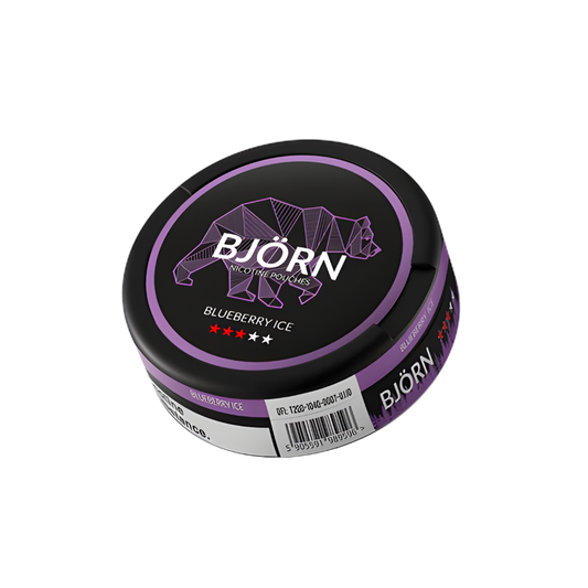 Detail close-up of Björn Blueberry Medium container featuring a black and purple label design on a white background
