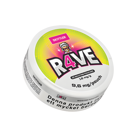 Detail close-up of Rave Skittler nicotine pouch packaging with bold yellow and pink colors.