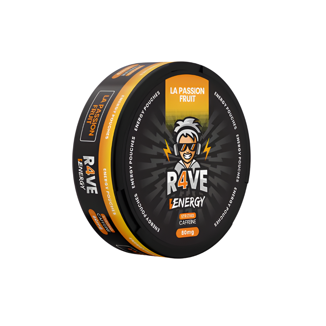 Detail close-up of the Rave Energy – LA Passion Fruit packaging featuring a round black container with orange branding on…