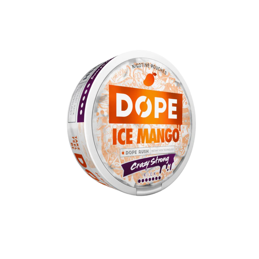 Front view of Dope Ice Mango in a circular container featuring a vibrant orange and purple label.
