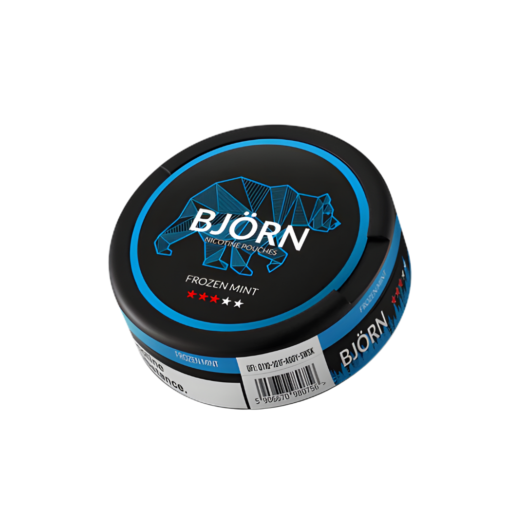 Round black and blue snus can featuring graphic design and label text on a white background
