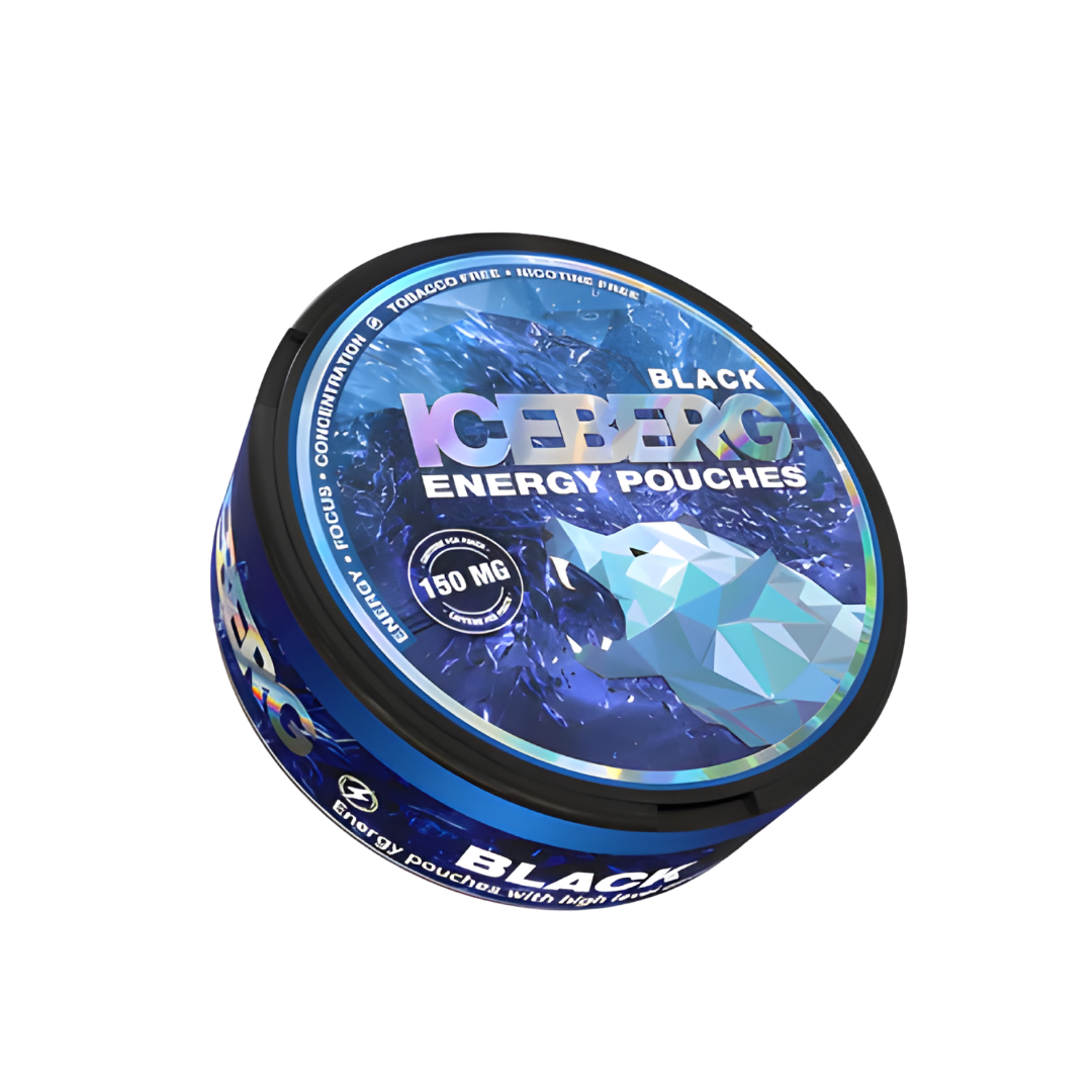 Detail close-up of the black energy pouch featuring a shiny label design on a transparent background