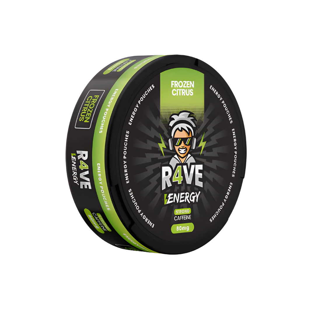 Front view of a circular container in black, green, and white with graphic design and a screw top lid