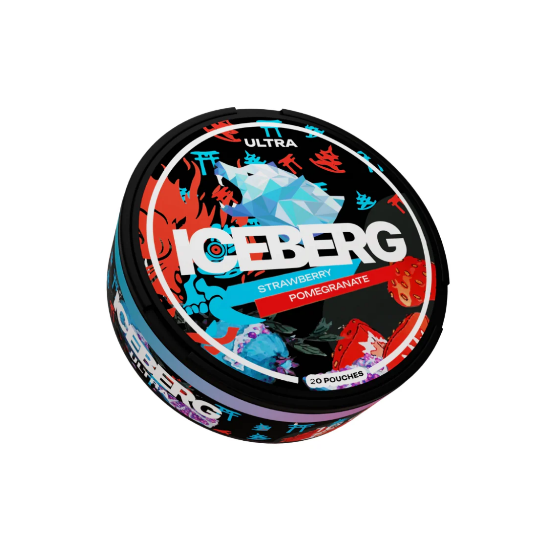 Detail close-up of the Iceberg Strawberry Pomegranate container with black, red, and blue colors and graphic design.
