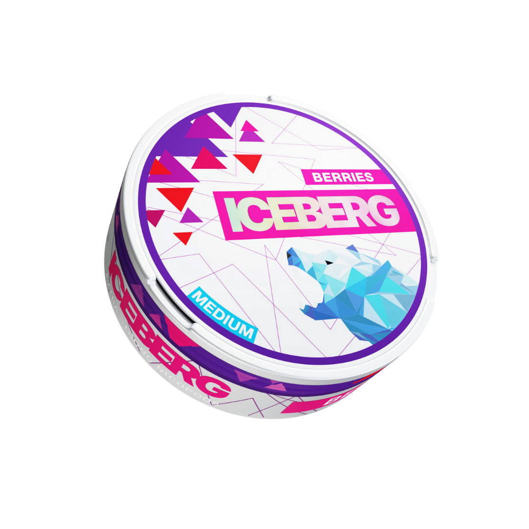 Close-up of the Iceberg Berries flavored can with a polar bear graphic and purple triangular pattern.