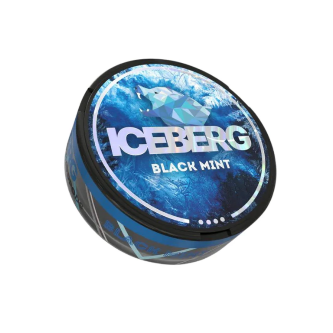Detail close-up of the black mint can featuring a graphic design in blue, black, and white colors.