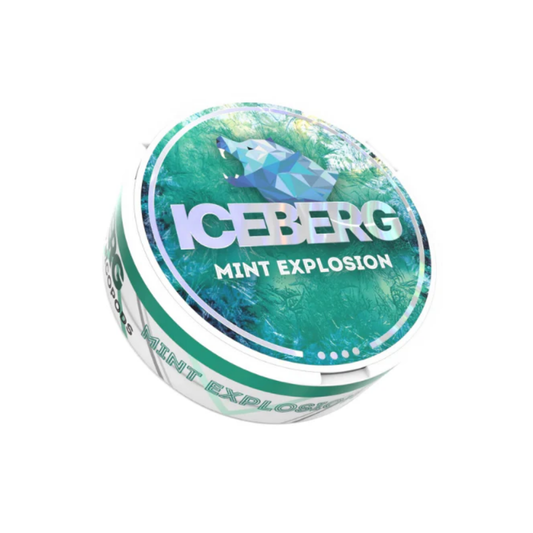 Front view of the circular tin of Iceberg Mint Explosion in blue and green, showcasing the label design.