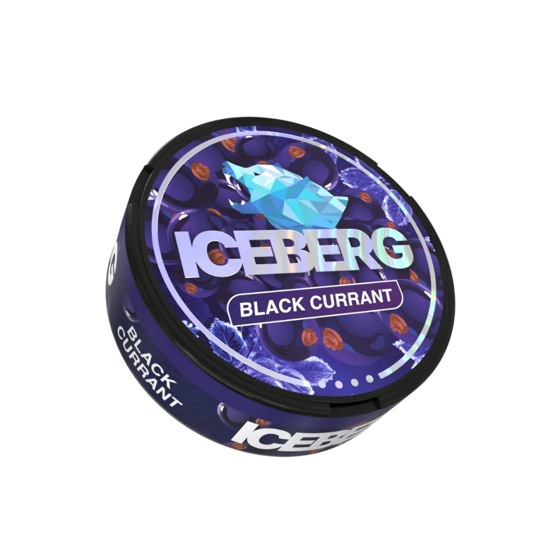 Packaging shot of the Iceberg Black Currant container, featuring a circular tin with purple and black graphic design.