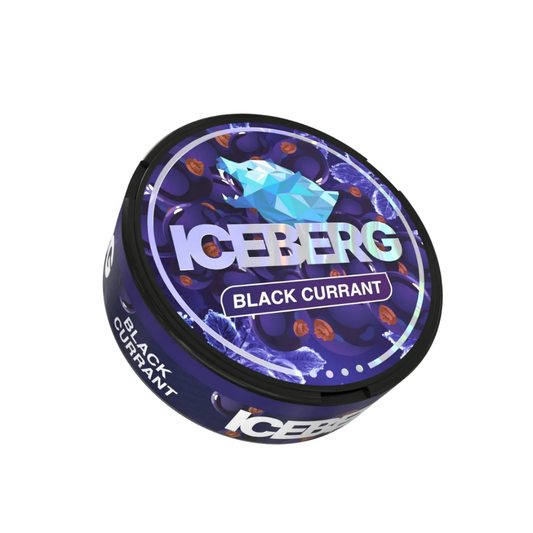 Packaging shot of the Iceberg Black Currant container, featuring a circular tin with purple and black graphic design.