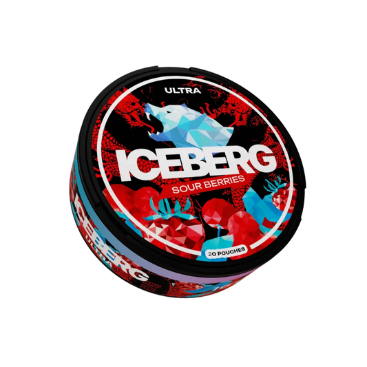 Detail close-up of the circular Iceberg Sour Berries can showcasing red, black, and blue graphic design.