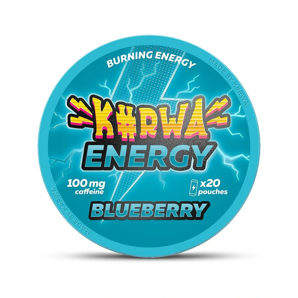 Front view of Kurwa Energy Blueberry can showcasing bold logo, electric design, and blueberry flavor on a white background.