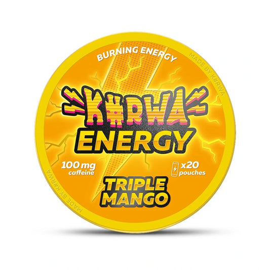 Detail close-up of Kurwa Energy Triple Mango can showcasing bold logo and vibrant mango flavor in yellow and orange colors.