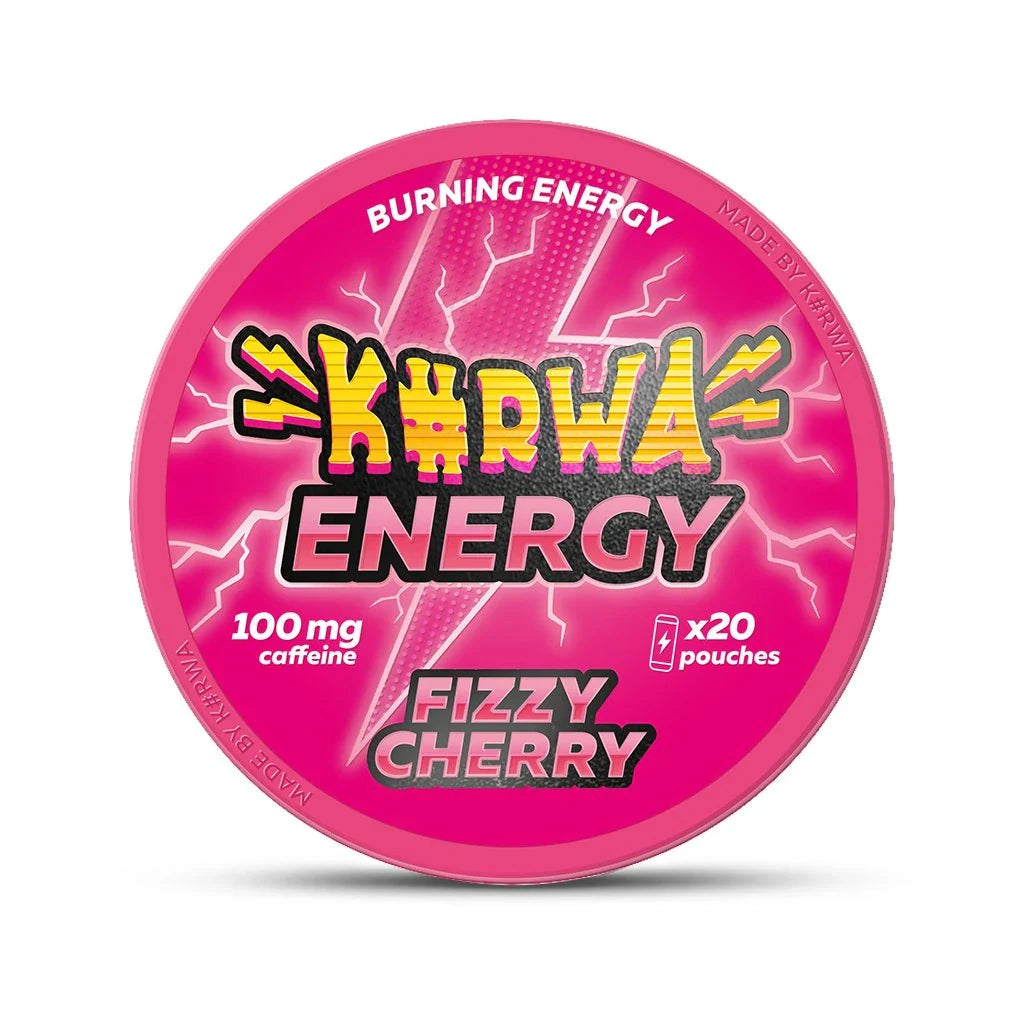 Detail close-up of Kurwa Energy Fizzy Cherry packaging featuring bold pink, black, and yellow graphics on a white background.