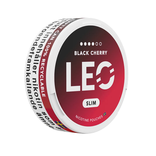 Detail close-up of the LEO Black Cherry can showcasing its round design, red and black colors, and flavor indication.
