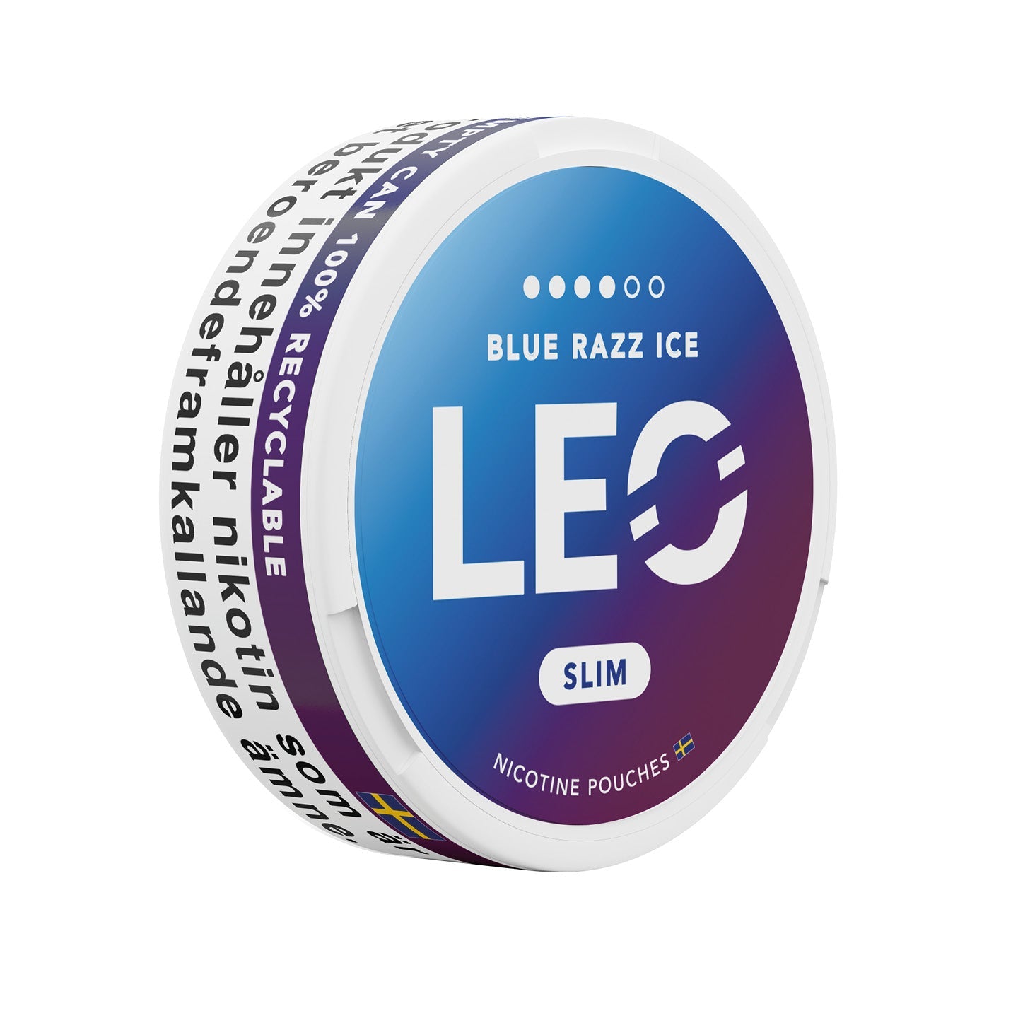 Side view of the LEO Blue Raz can with a circular design in blue, purple, and white, featuring a screw top.