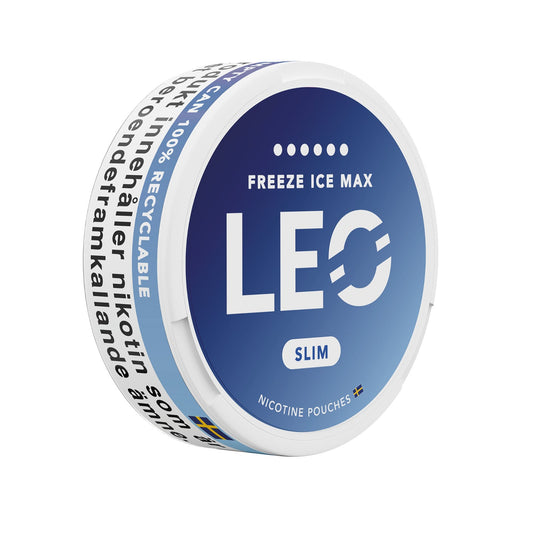 Detail close-up of the LEO Freeze Ice Max circular container featuring a blue and white label on a white background