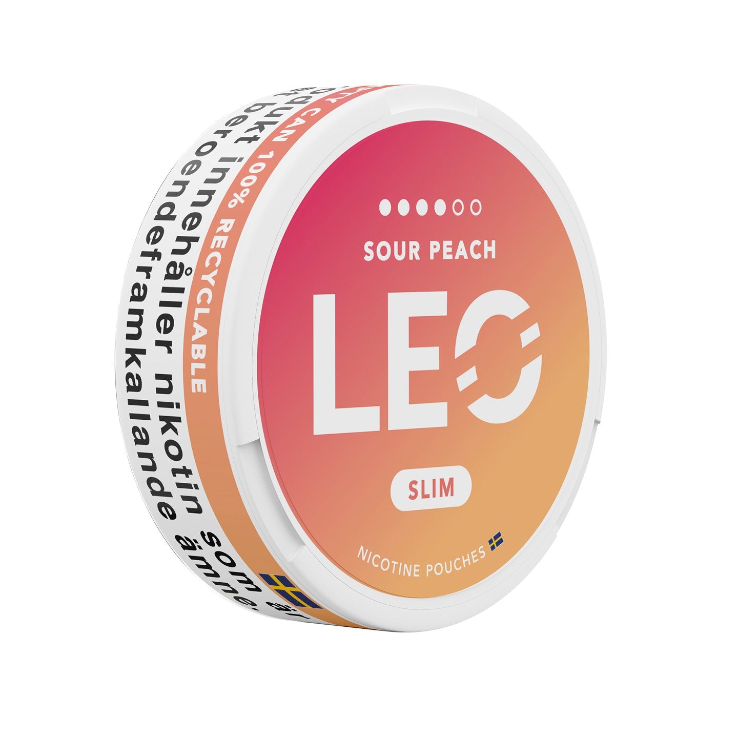 Side view of LEO Sour Peach circular tin with vibrant orange and pink label design.